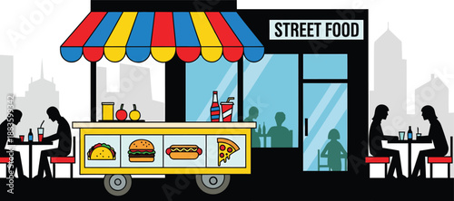 Modern Street Food Stall Illustration with Colorful Awning Outdoor Dining Area and City Skyline Background