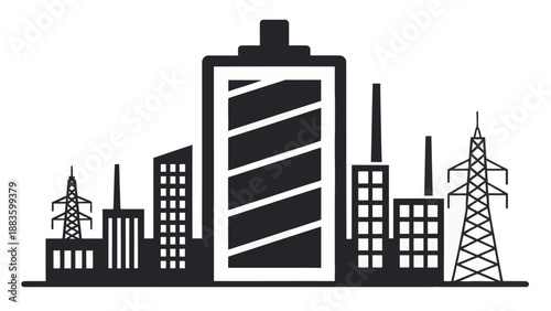 Urban Power Supply Concept Featuring Large Battery Silhouette Among City Buildings and Electrical Transmission Pylons