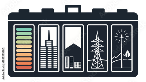 Flat Vector Illustration of an Energy Management Kit Icon Displaying Battery Levels City Power and Sustainable Solutions