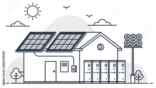 Modern sustainable house with rooftop solar panels and outdoor battery storage system line art illustration for clean energy concept
