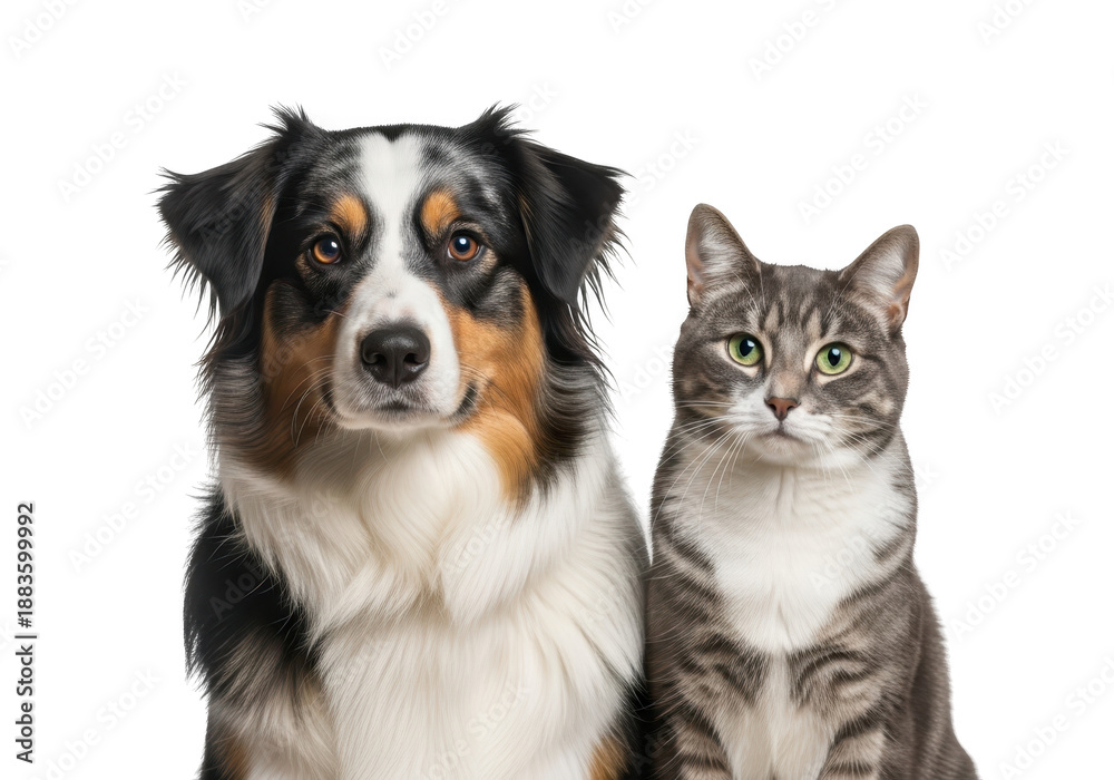 Fototapeta premium A dog and a cat sitting side by side looking forward isolated on transparent background
