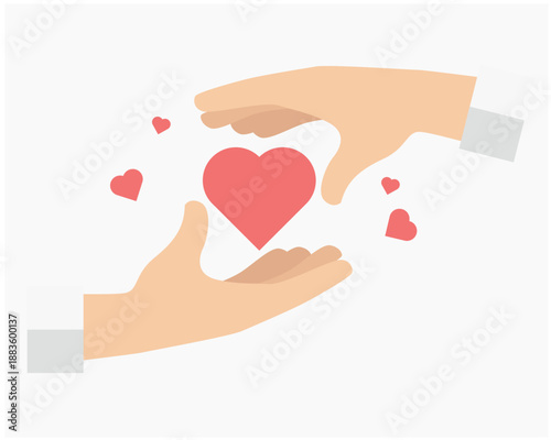 Flat vector illustration of two hands gently holding a red heart symbol representing charity donation and care
