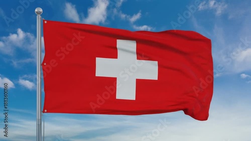 Swiss National Flag Waving Against Blue Sky with Scattered Clouds