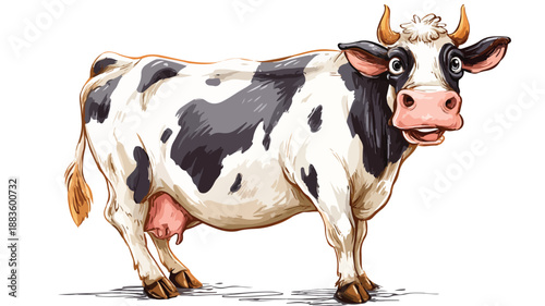 Cheerful Cartoon Cow Posing and Smiling Vector Illustration with Outline Isolated on White Background