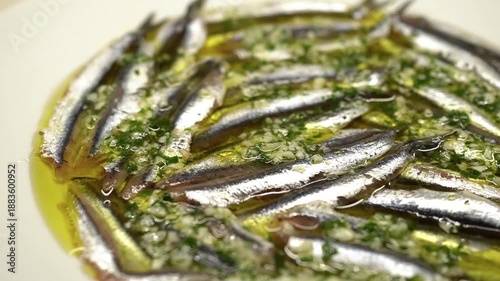 Closeup of Anchovies Marinated in Vinegar (Boquerones en Vinagre), Spanish tapas