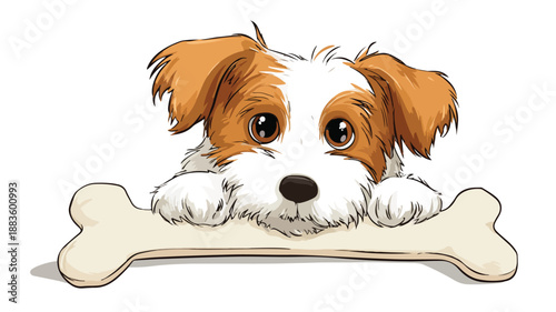 Adorable Cartoon Cute Dog Holding Bone on White Background Vector Illustration