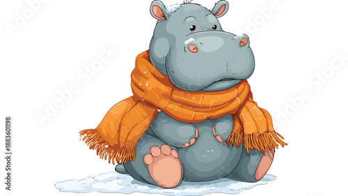 Adorable Cartoon Hippo Sitting Wear Scarf Vector Illustration