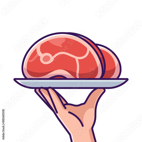 A hand holds a silver plate presenting two raw cuts of red meat, symbolizing fresh ingredients and culinary preparation.