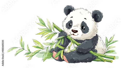 Adorable Cartoon Panda Enjoying Bamboo: Vector Illustration with Outline Isolated
