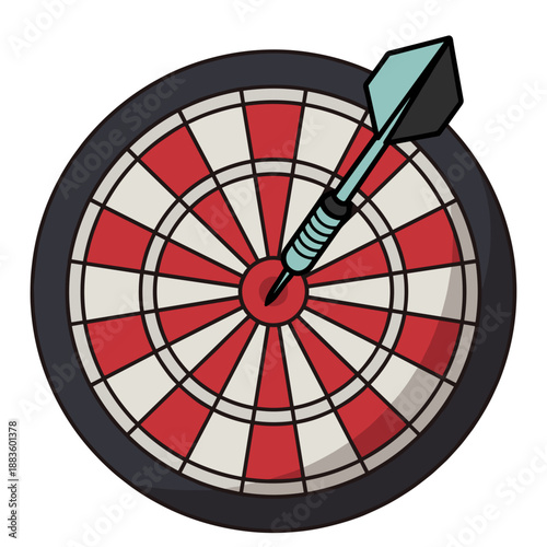 A classic red and white dartboard with a blue dart hitting the bullseye, signifying precision, accuracy, and success.