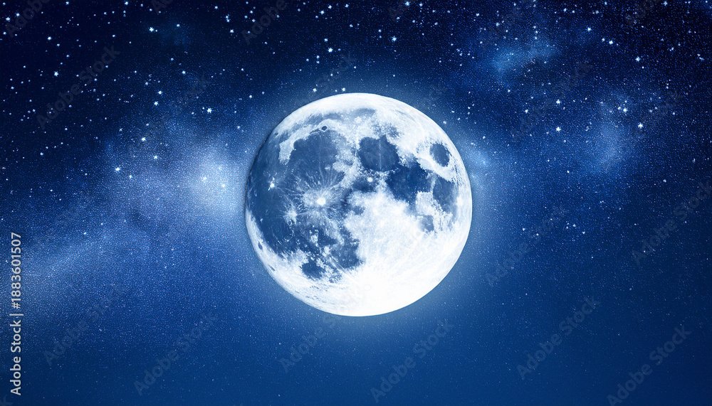 Fototapeta premium Bright Full Moon Glowing In A Clear Night Sky Surrounded By Stars This Image Symbolizes Mystery Astronomy Nature And The Beauty Of Celestial Landscapes