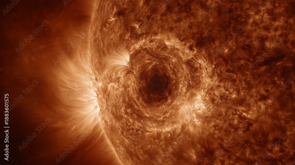 Naklejka premium The death of the sun. Detailed solar surface with a large dark spot, bright corona glow and flare structures; the concept of an astronomical catastrophe.