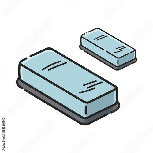 Two light blue rectangular erasers of different sizes are neatly displayed, suggesting their use for correcting mistakes in writing or drawing.