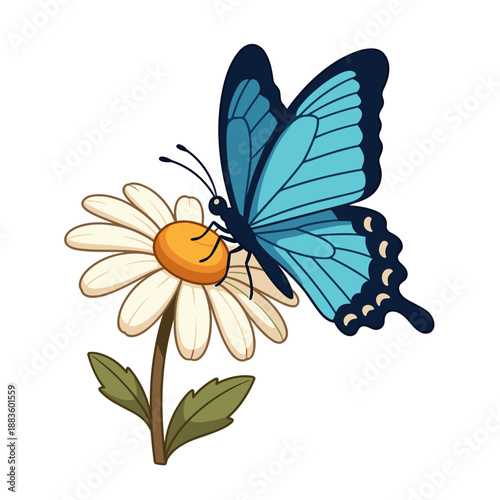 A beautiful blue butterfly with intricate wing patterns delicately rests upon a bright white daisy flower, symbolizing nature's beauty and serenity.