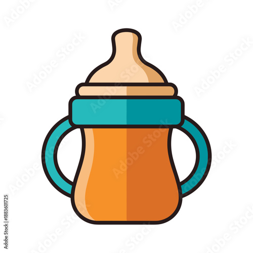 A cheerful flat design illustration of a baby bottle or sippy cup with handles, essential for infant feeding.