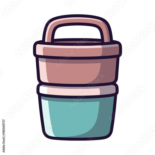 A stylish two-tiered stackable lunch container or bento box, featuring a muted teal base and a beige top, for organized meal transport.