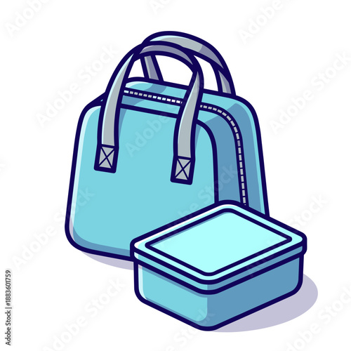 A light blue insulated lunch bag with handles, accompanied by a matching plastic lunch box, ready for packing meals or snacks.