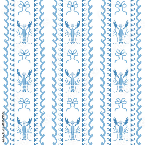 Vertical striped sea seamless pattern. Coquette ocean waves, lobster, bows. Blue summer beach repeat background, tropical wallpaper, coastal print, wrap paper, retro fabric, vector textile design.