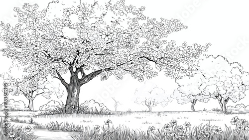 Vibrant Cherry Blossom Park Spring Landscape Vector Illustration