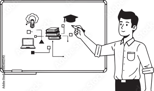 Young Male Teacher Explaining Topic Using Whiteboard Flat Vector Illustration for Digital Education Design