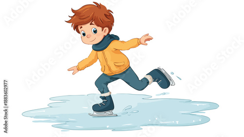 Adorable Young Boy Enjoying Ice Skating on Clean White Background Vector Illustration