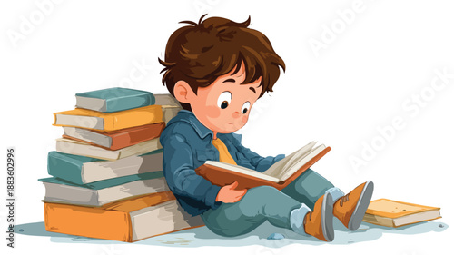 Young Smiling Boy Enjoying Reading Books, Cartoon Character Design with Outline on White Background