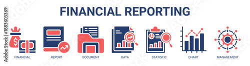 Financial Reporting web banner icon vector illustration concept with icon of financial, report, document, data, statistic, chart, management.