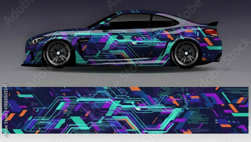 Futuristic circuit board style car wrap design on a sleek sports car with vibrant geometric patterns.