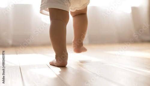 Plakat 室内の床を一歩ずつ歩く幼い子どもの足元が成長の瞬間を表す情景