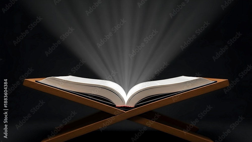 Fototapeta premium Open book on wooden stand with radiant light beams in dark spiritual setting