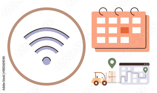 Wireless connectivity, logistics, task planning, digital tracking, route navigation, remote management. wireless icon, planner map truck and route. Wireless connectivity and logistics concepts