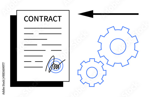 Contract management. A contract document alongside gear icons contract automation, workflow enhancements, and management efficiency. For legal, business, contracts, project management, digital tools