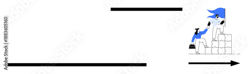 Teamwork, leadership, motivation, success, growth, mentoring. A superhero assisting a colleague up a staircase of building blocks. Leadership and teamwork concepts highlighted