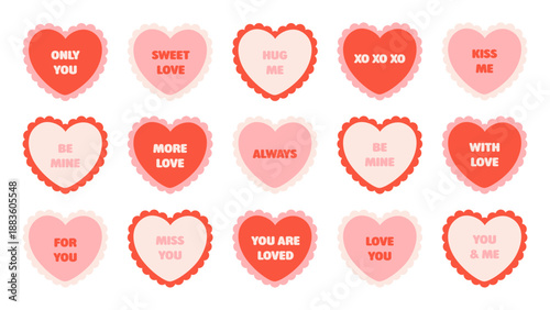 Cute candy hearts collection with romantic messages engraved on surface. Hearts with various inscriptions. Valentine's day elements. Flat vector illustration