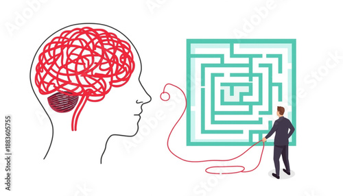 Businessman navigating a maze from brain to solution on mental health