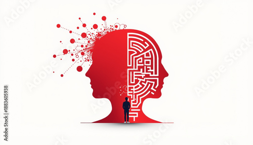 A creative illustration of a persons head with a maze inside and a small figure standing in front, representing problem solving and mental challenge, mental health