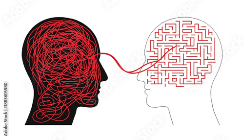 Confused and organized mind concept with tangled red lines coming out of one head and a maze in the other on mental health