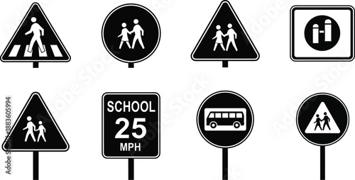 a collection of various road signs indicating pedestrian zones and school safety