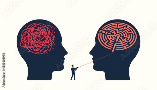 Confused and organized thinking concept with a person navigating a maze between two heads mental health