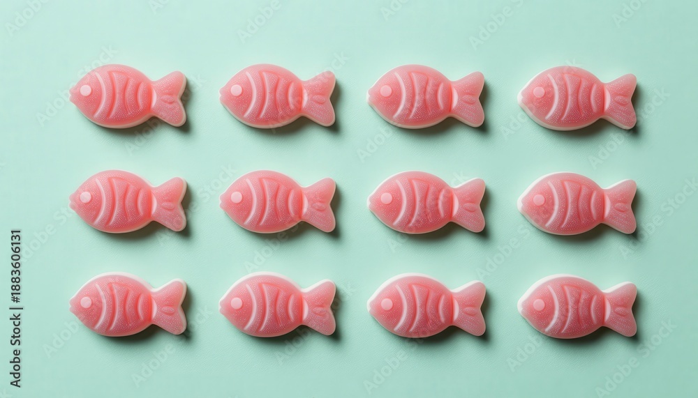 Fototapeta premium Neatly Arranged Shaped Candy on Mint Background in Fish Design