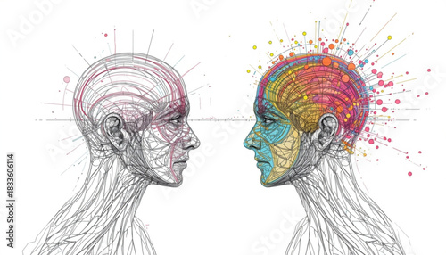 A creative illustration of two human heads facing each other with one brain shown in colorful detail and the other in grayscale on mental health