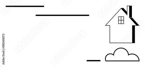 Home architecture, minimal design, serenity, real estate branding, creative layout, visual storytelling. A minimalist ion of a house and cloud with graphical lines. Home architecture and minimal