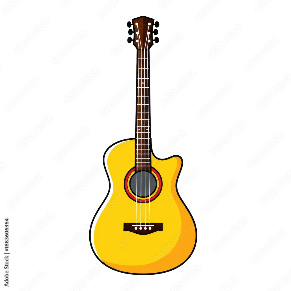 Obraz premium A highly stylized, minimalist acoustic guitar with a vibrant yellow body, dark brown neck, and red/white sound hole, against a transparent background with copy space, in a flat cartoon style. Concept