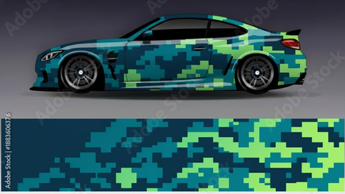 Modern sports car with a vibrant digital camouflage wrap design, showcasing a pixelated pattern in blue, teal, and lime green hues.