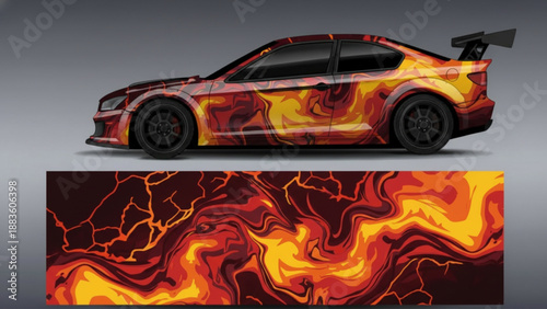 Sports car with a vibrant fiery lava-themed custom vinyl wrap design, showcasing the full graphic pattern below.