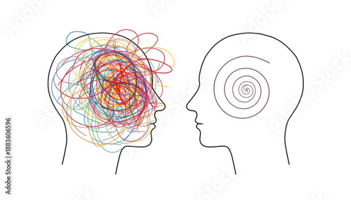 Two human head silhouettes facing each other with one having colorful scribbles representing a busy mind and the other with a spiral pattern mental health