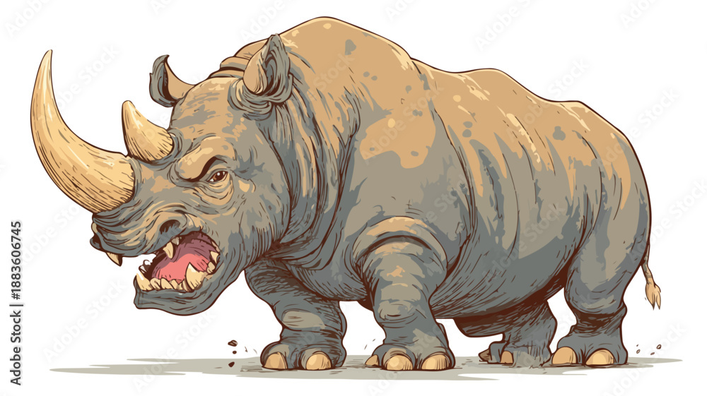 Fototapeta premium Fierce Angry Rhino Cartoon Vector with Outline on White Background
