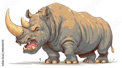 Fierce Angry Rhino Cartoon Vector with Outline on White Background