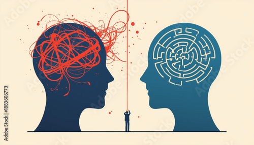 Two human heads with one having a maze and the other tangled red lines on a beige background representing mental health and confusion mental health