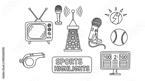 Sports and media icons set tv microphone scoreboard and weather symbols